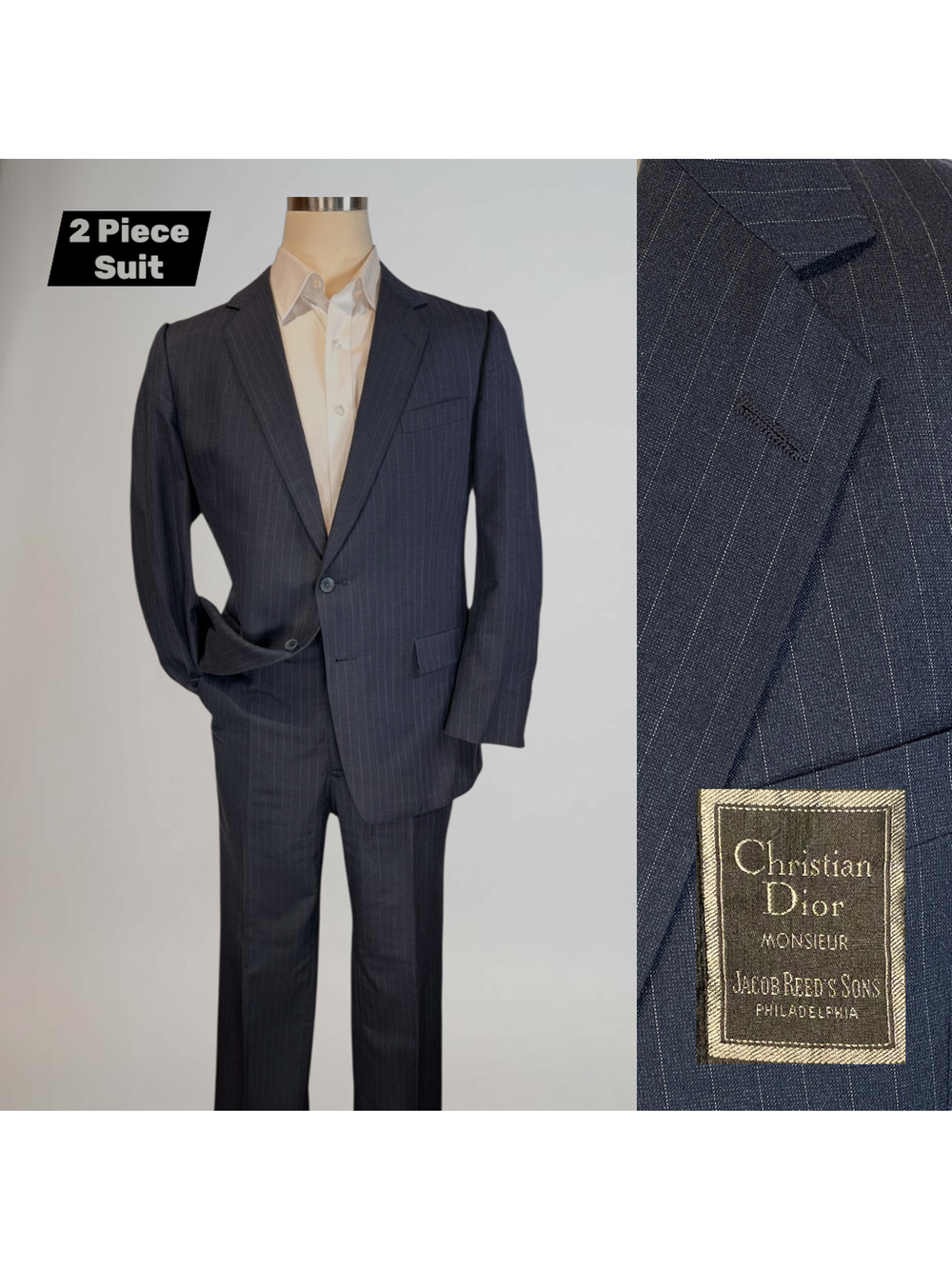 Vtg Christian Dior Monsieur 42-44R 39x30 Blue Stripe Suit + Bill Blass Vest